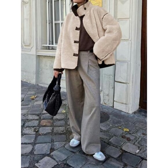 Faux Fur Jacket Women's Winter Coat Button Down Stand Collar Long Sleeve - Picture 6 of 8